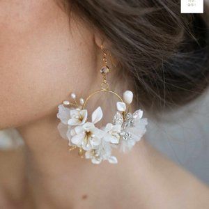 COPY - White Bridal Earrings: Gold, Creamy blossom and silk flower earrings